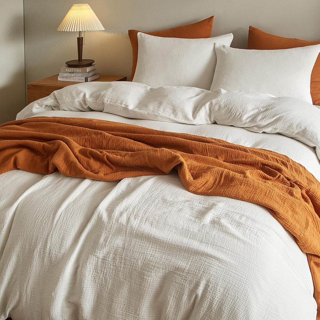 SE SOFTEXLY Muslin Duvet Cover Oversized King Size, 100% Washed Cotton Duvet Cover Set, Ultra Soft Comforter Cover Linen Like, 3 Pieces Gauze Duvet Cover with 2 Pillowcases, 98'x120', White