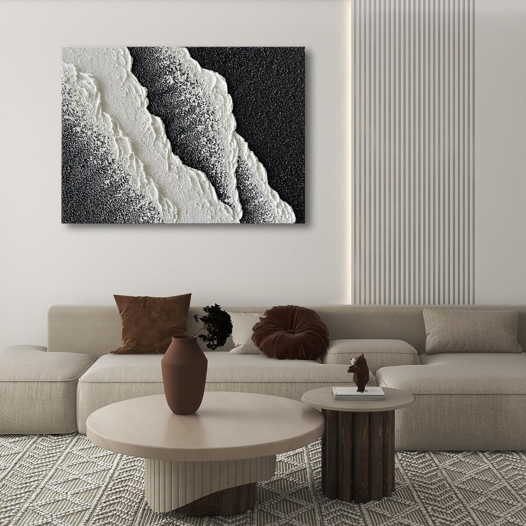 NANKAI Hand Painted Beach Wave Landscape Oil Painting Black and White Abstract Canvas Art Home Office Wall Deco Art Painting 28x40 inches