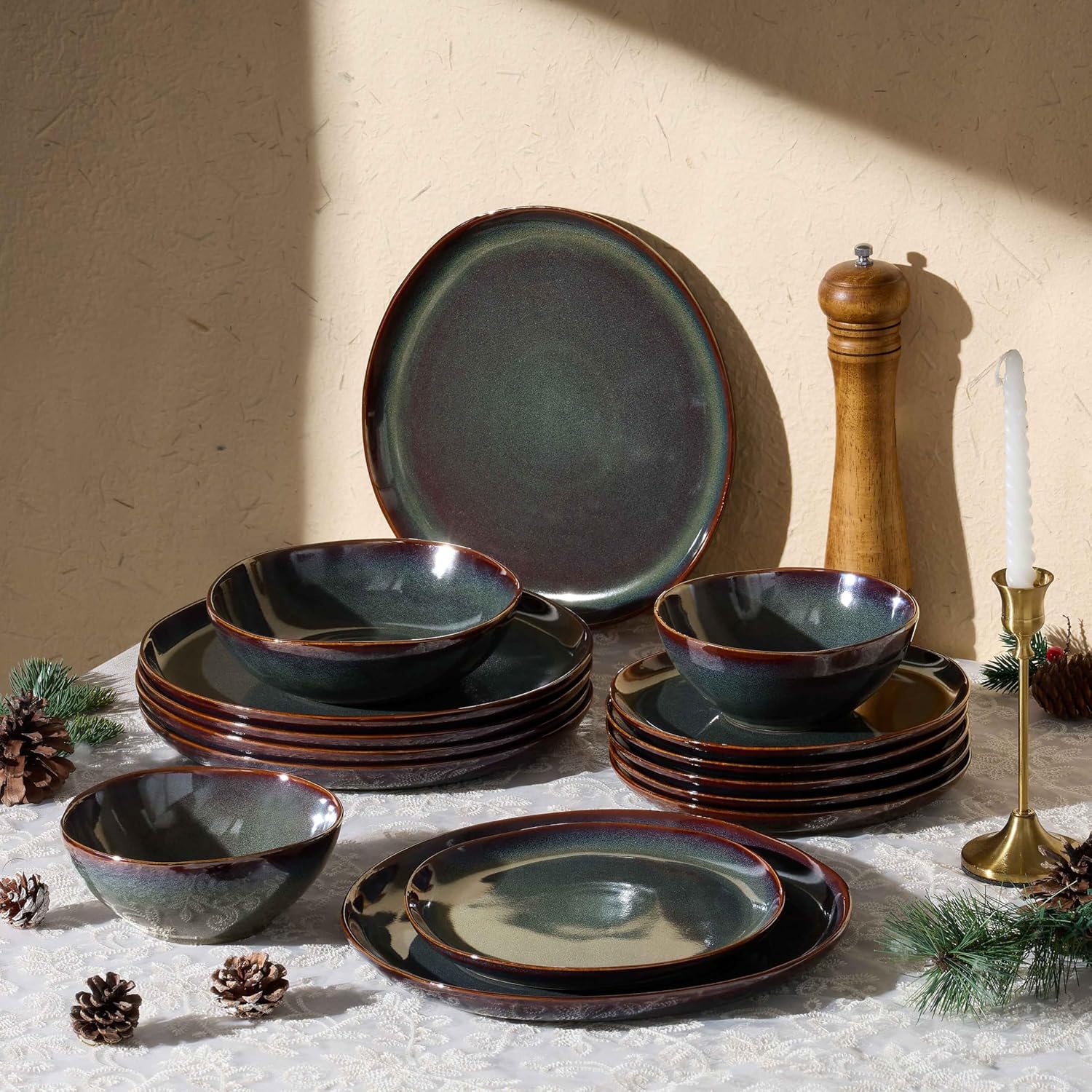 Herogo Stoneware Dinnerware Sets for 8, 24 Piece Plates and Bowls Dish Set, Irregular Handmade Dinner Ware Dishware for Kitchen Dinning, Microwave & Dishwasher Safe, Lichen Green