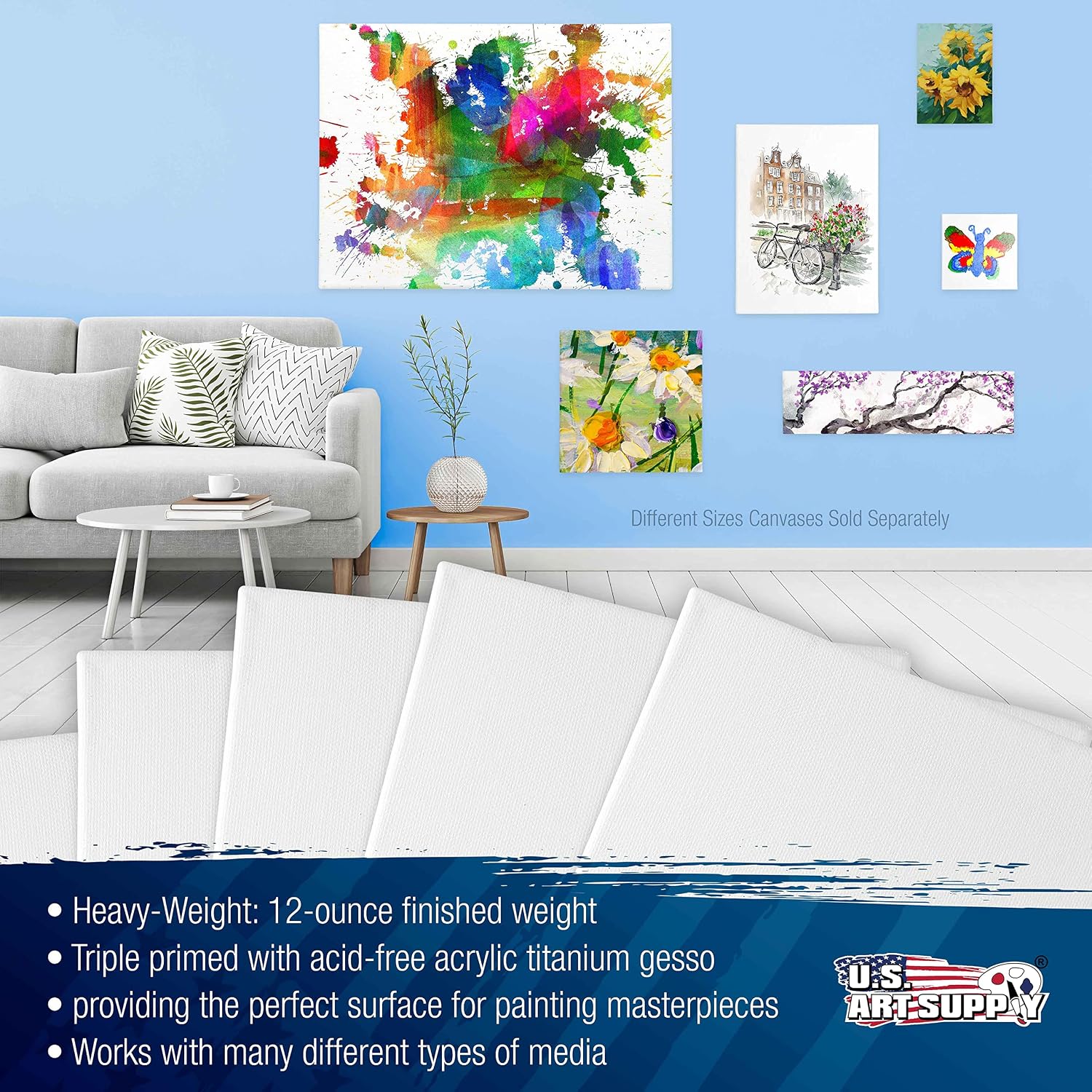 U.S. Art Supply 18 x 48 inch Stretched Canvas 12-Ounce Primed 6-Pack - Professional White Blank 3/4' Profile Heavy-Weight Gesso Acid Free Bulk Pack - Painting, Acrylic Pouring, Oil Paint