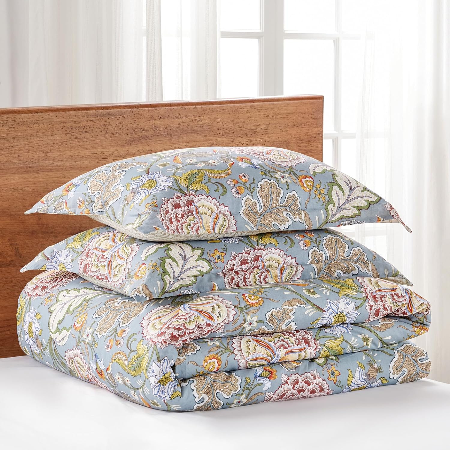 Levtex Home Angelica Reversible Twin/Twin XL Comforter Set (68x88in) with 1 Pillowcase (26x20in) - Floral Bedding - Blue Grey, Coral - 100% Cotton Twin Size Comforter Set - Soft, Pre-Washed