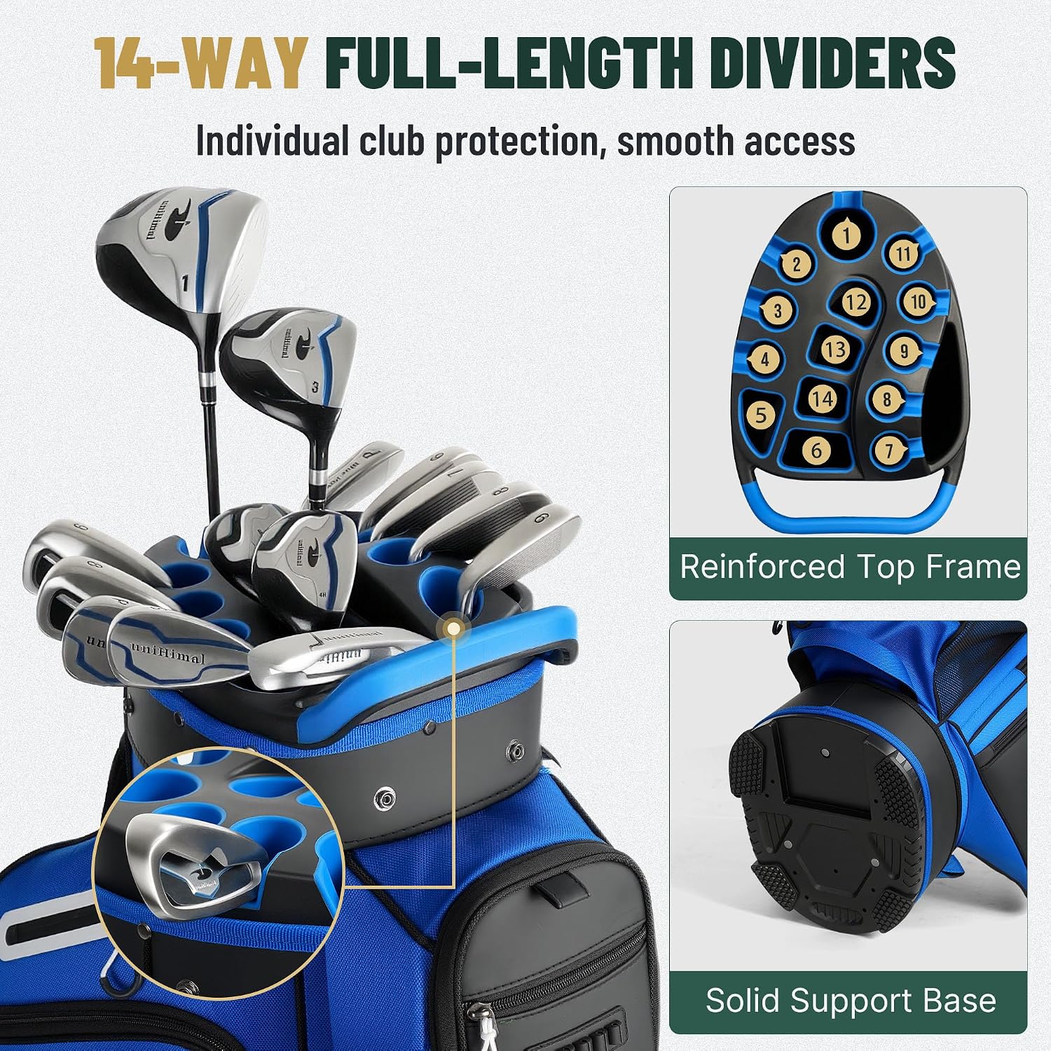 uniHimal Golf Cart Bag with 14-Way Full-Length Dividers, Golf Bag for Men Women with Magnetic Leather Pocket, Handles and Rain Cover, Lightweight Golf Club Bag Includes Cooler Pockets
