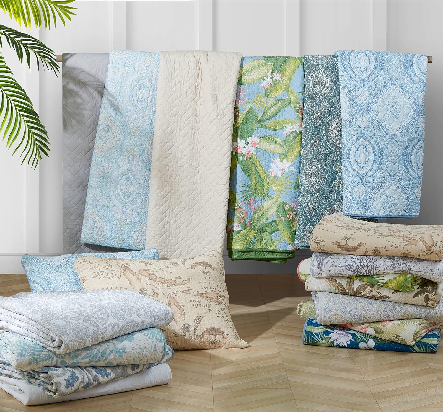 Tommy Bahama Quilt Set Reversible Cotton Bedding with Matching Shams, Lightweight Home Decor for All Seasons, Sky