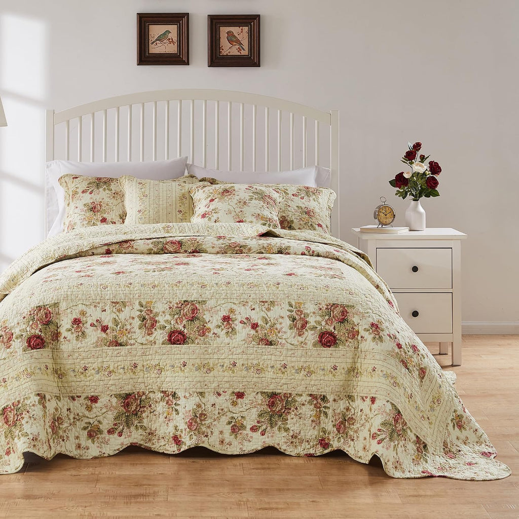 Greenland Home Antique Rose Jumbo Oversized 100% Cotton Bedding Set, Bedspread 120 W x 118 L with 2 Shams 20 W x 26 L Each, King (3 Piece), Ecru