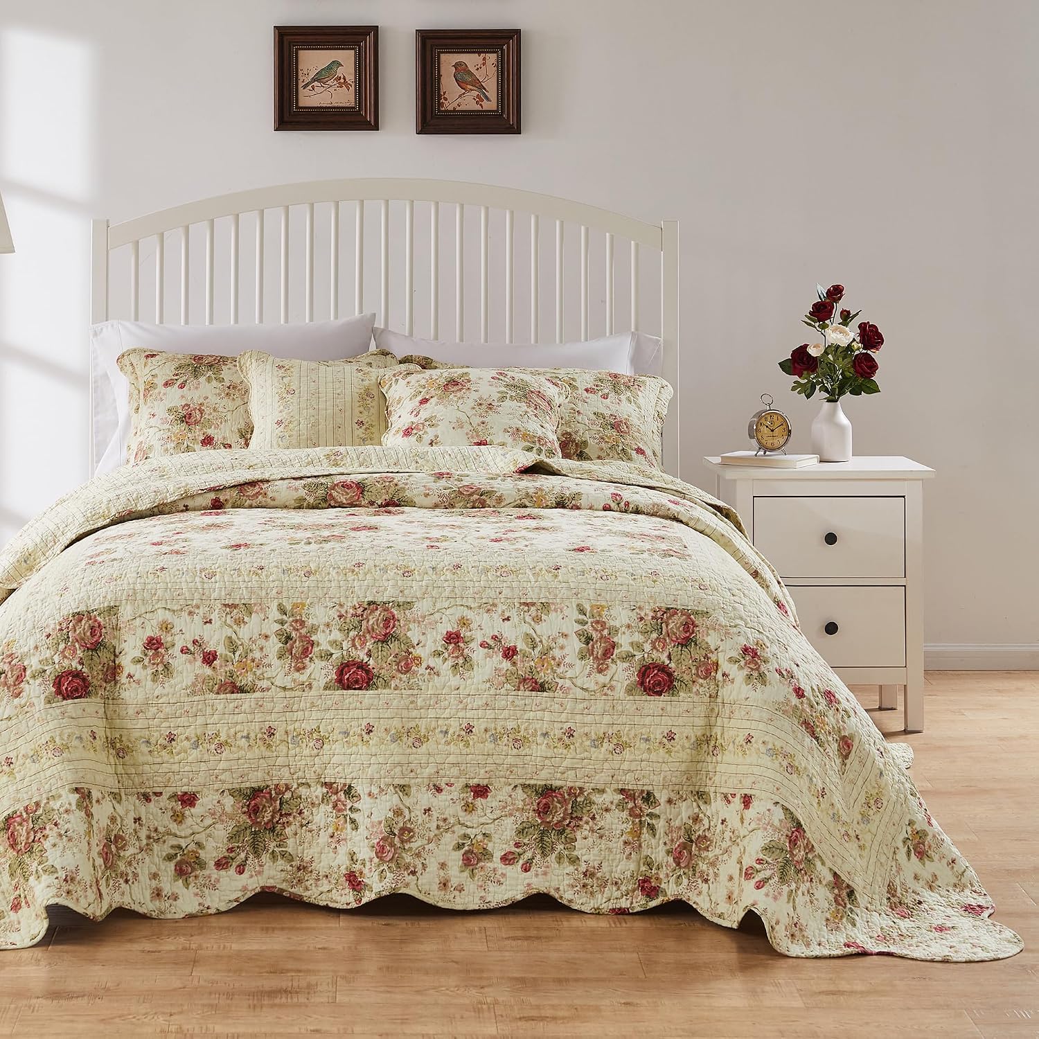 Greenland Home Antique Rose Jumbo Oversized 100% Cotton Bedding Set, Bedspread 120 W x 118 L with 2 Shams 20 W x 26 L Each, King (3 Piece), Ecru