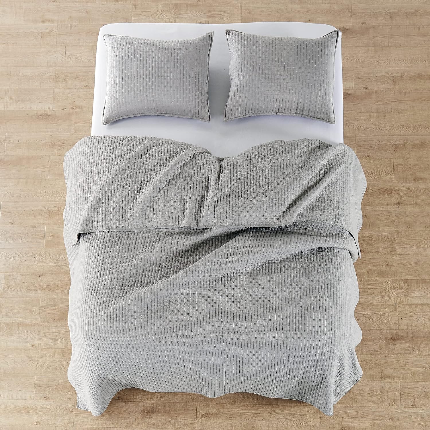Levtex Home Cross Stitch Reversible Queen Bedspread Set (104x106in) with 2 Pillow Shams (26x20in) - Stitch Texture - Light Grey - Cotton Queen Size Bedspread Set - Lightweight, Soft, Pre-Washed