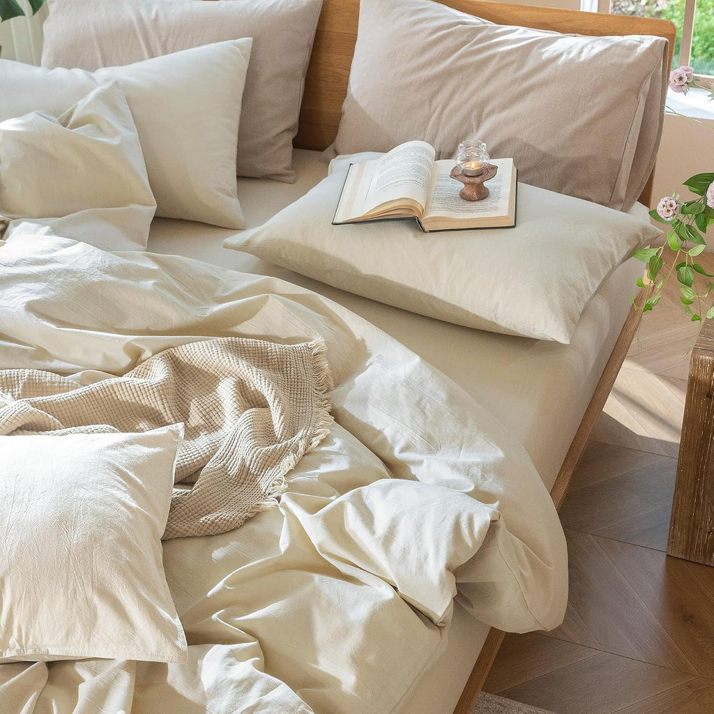 MooMee Bedding Duvet Cover Set 100% Washed Cotton Linen Like Textured Breathable Durable Soft Comfy (Heathered Almond Milk Grey, Oversized King Plus 128'x120')
