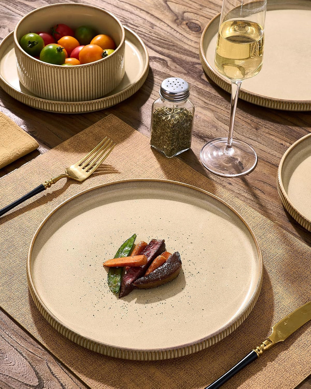 24-Piece Dinnerware Set Service for 8, Famiware Premium Stoneware Dish Set with Ribbed Plates and Deep Bowls, Double Reactive Glaze, Chip & Scratch Resistant, Microwave & Dishwasher Safe, Cream