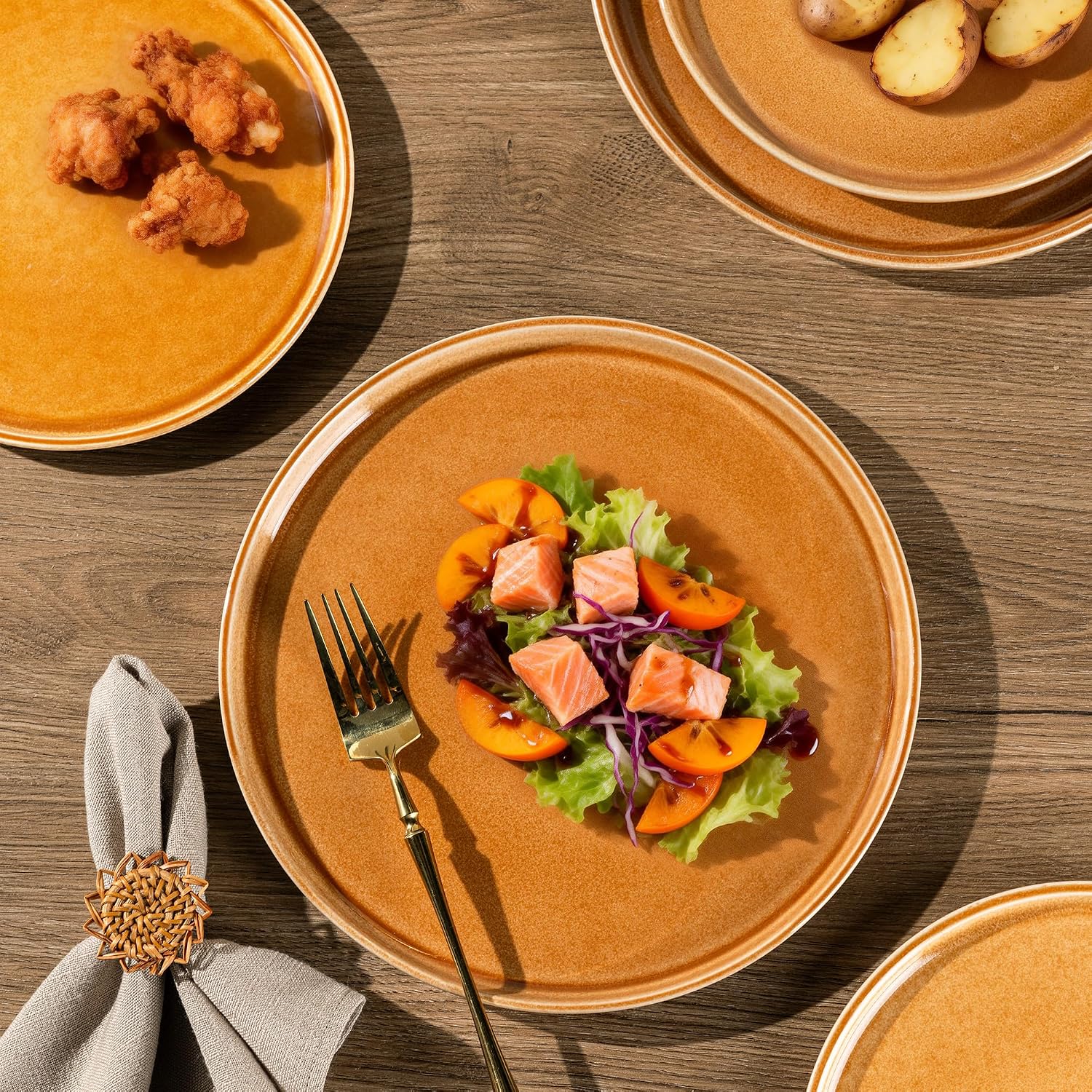 GBHOME Ceramic Dinnerware Sets for 8, 24 Pieces Stoneware Plates and Bowls Sets, Scratch Resistant Dishes, Dishwasher & Microwave Safe, Reactive Glaze-Amber