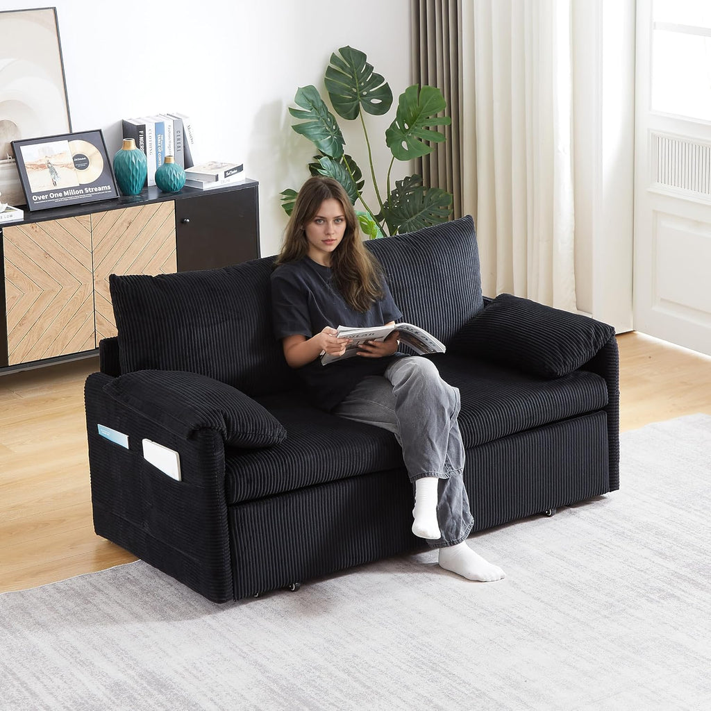 WILLIAMSPACE 64.5' Pull Out Sofa Bed, 3-in-1 Adjustable Sleeper Sofa Couch with Side Storage, Convertible Loveseat Sofa Bed Pull Out Couch for Living Room, Apartment, Corduroy, Black