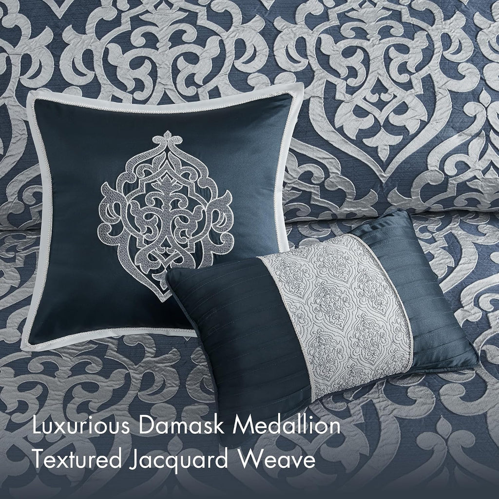Madison Park Odette Cozy Comforter Set Jacquard Damask Medallion Design - Modern All Season, Down Alternative Bedding, Shams, Decorative Pillows, Cal King(104 in x 92 in), Navy 8 Piece