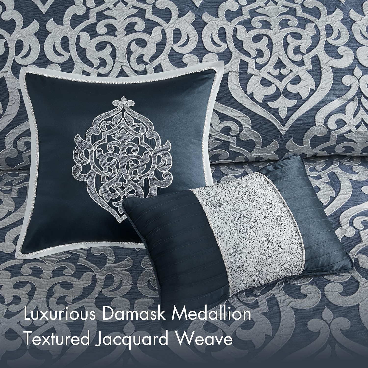 Madison Park Odette Cozy Comforter Set Jacquard Damask Medallion Design - Modern All Season, Down Alternative Bedding, Shams, Decorative Pillows, Queen(90 in x 90 in),Navy 8 Piece