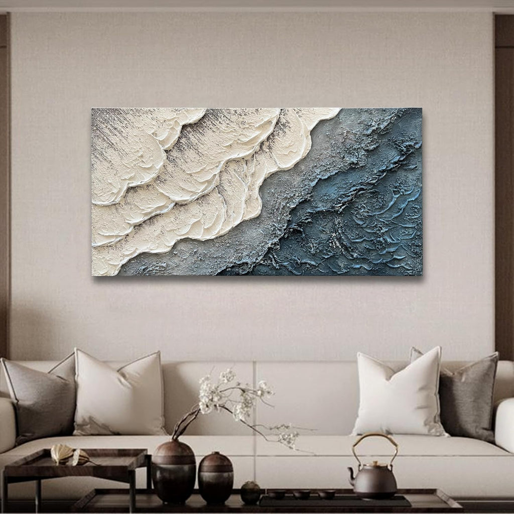 Art Hand-Painted White and Blue Gradient Wave Texture Abstract Oil Painting, 24x48-inch Canvas Painting, Home Office Wall Decoration Art