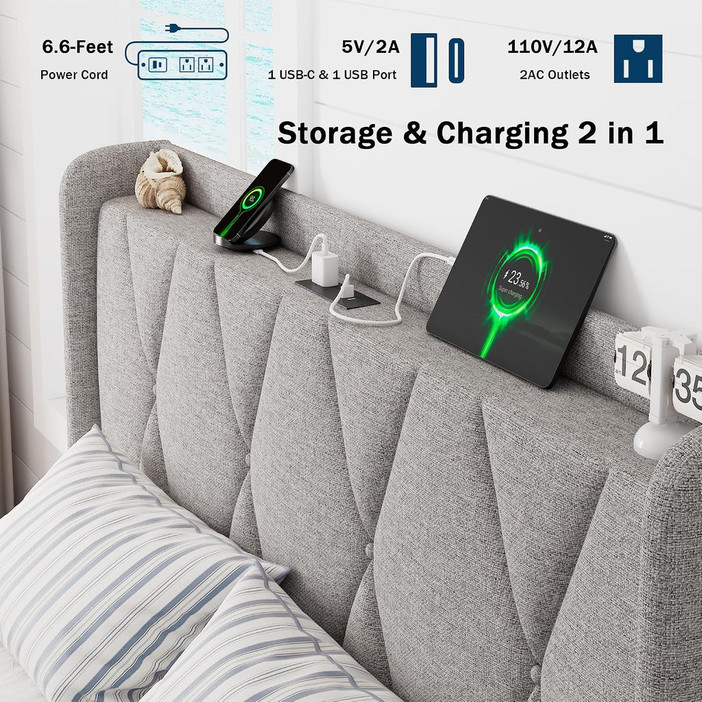 GalnFu Full Size Bed Frame with 4 Storage Drawers, Upholstered Platform Bed with Charging Station, Modern Wingback Storage Headboard, Easy Assembly,Noise-Free, Light Gray