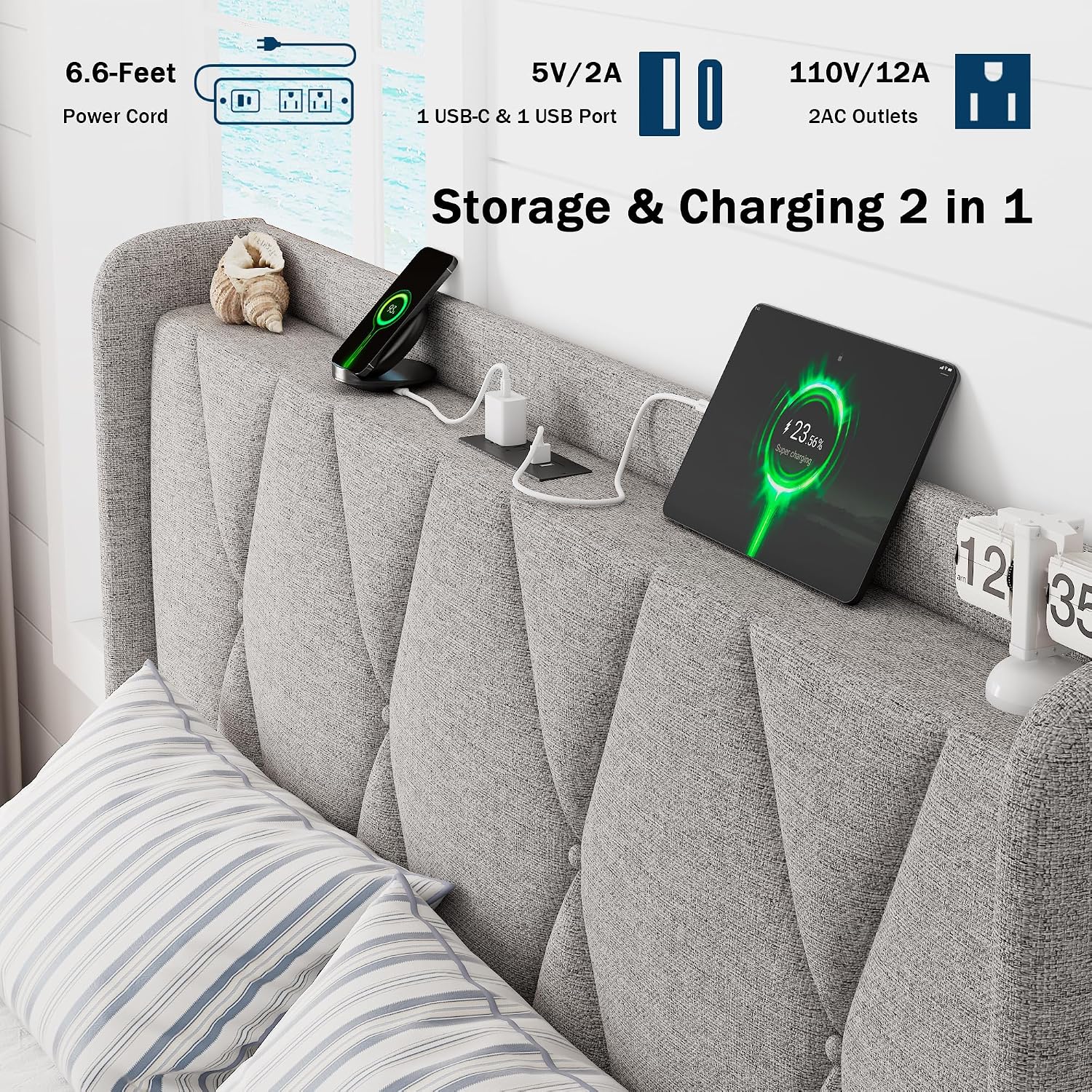 GalnFu Full Size Bed Frame with 4 Storage Drawers, Upholstered Platform Bed with Charging Station, Modern Wingback Storage Headboard, Easy Assembly,Noise-Free, Light Gray
