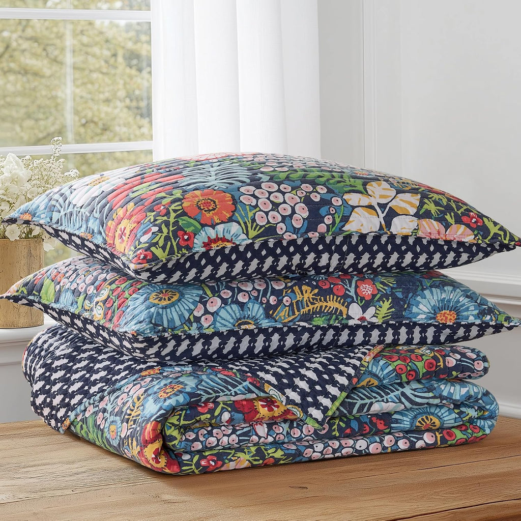 Levtex Home - Night Garden Quilt Set - Twin Quilt and One Standard Sham - Bold Floral - Navy Red Pink Green Ochre White - Quilt (68x86in.) and Sham (20x26in.) - Reversible - Rayon/Cotton