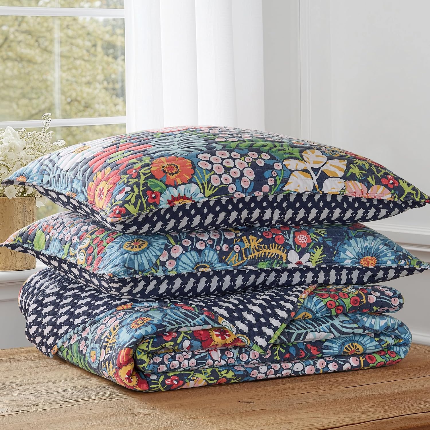 Levtex Home - Night Garden Quilt Set - Twin Quilt and One Standard Sham - Bold Floral - Navy Red Pink Green Ochre White - Quilt (68x86in.) and Sham (20x26in.) - Reversible - Rayon/Cotton