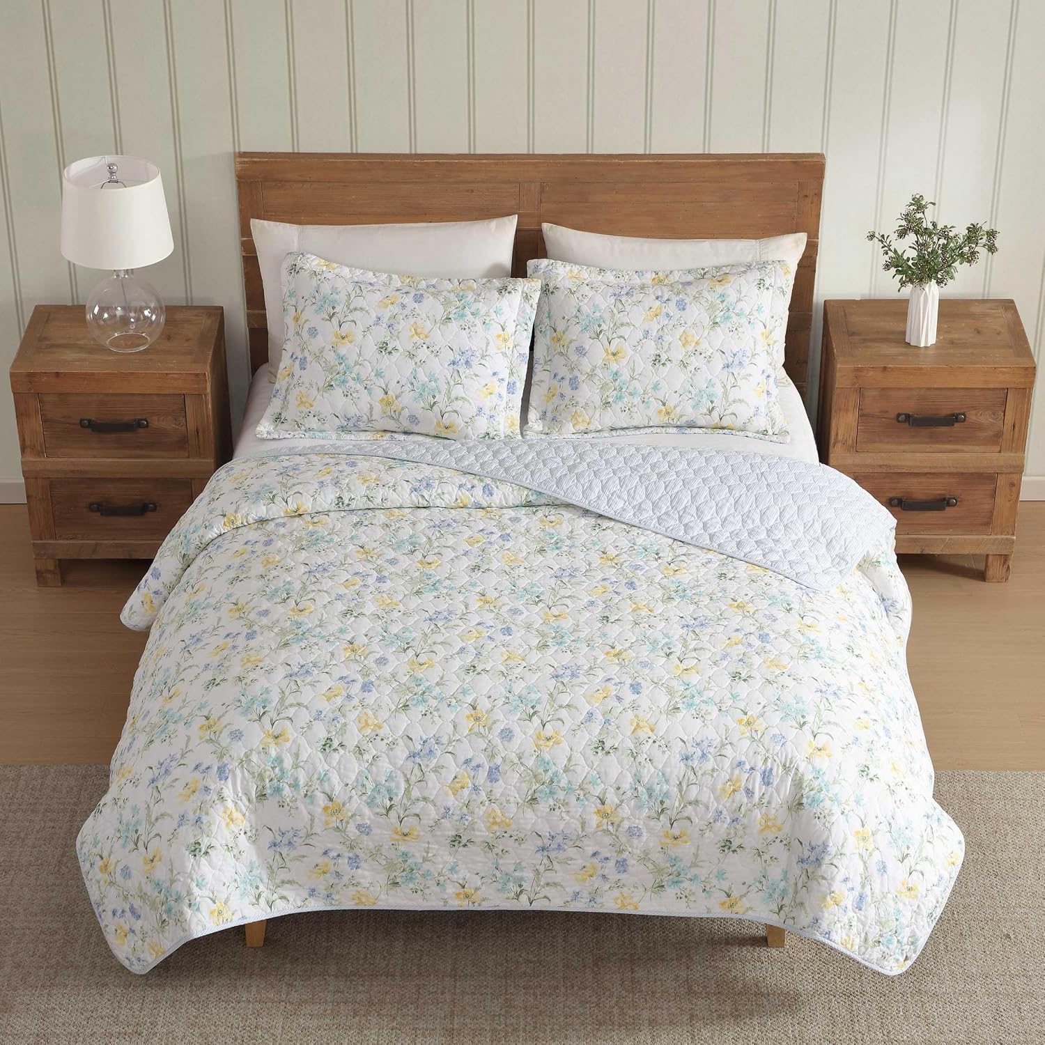 Laura Ashley - King Quilt Set, 100% Soft Cotton Bed Set for Year Round Comfort, 3 Piece Floral Bedding with Matching Pillowcases (Poppy Meadow Blue)