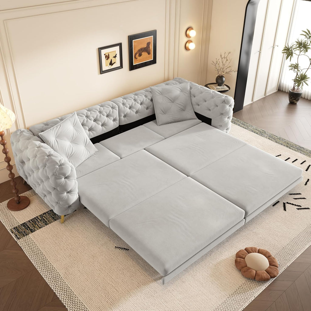 WILLIAMSPACE 97.7' 3-in-1 Convertible Sleeper Sofa Bed, Modern Button Tufted 28.4' Deep Seat Pull Out Couch Bed with Movable Ottoman, Multi-Functional 4-Seater Couch for Living Room, Velvet - Grey