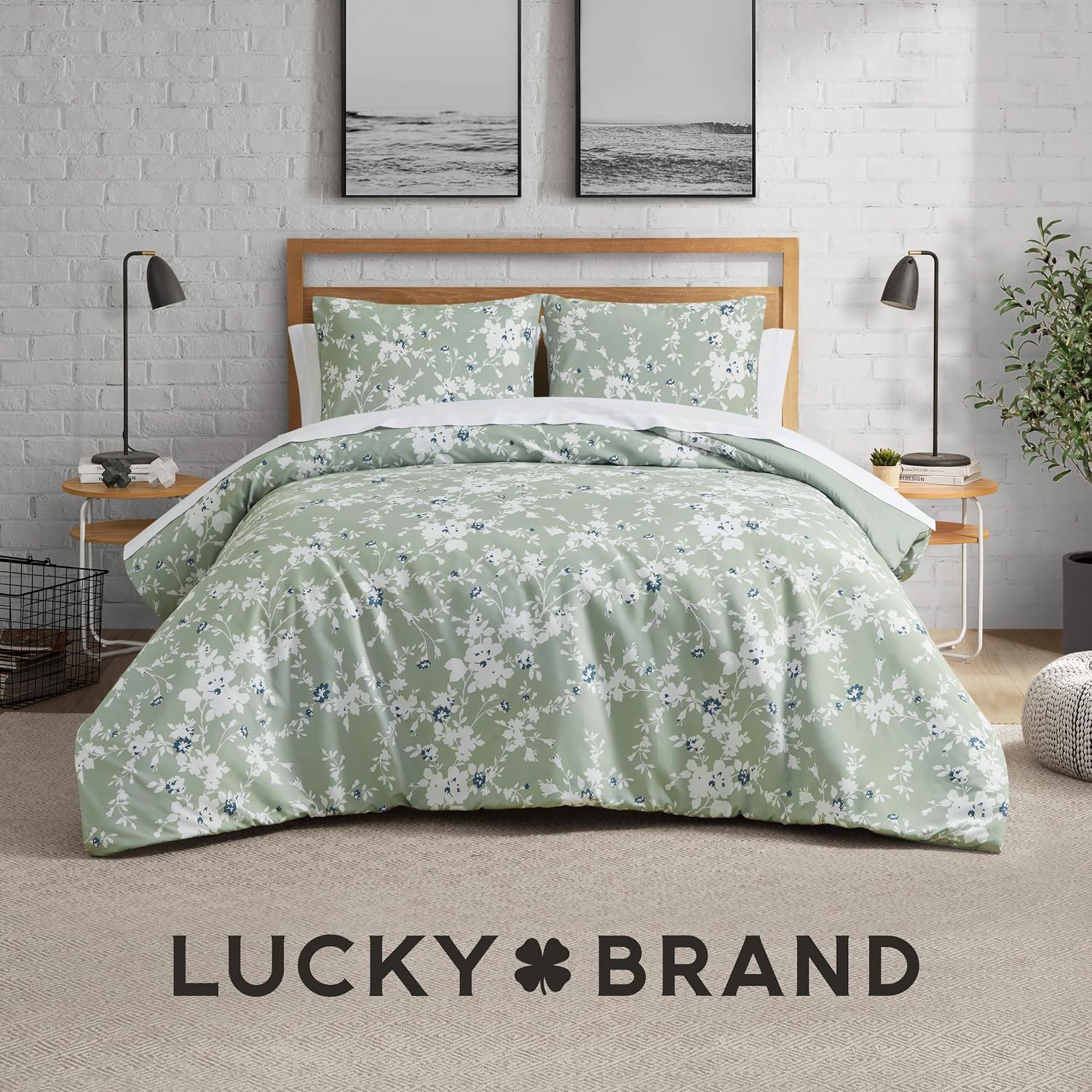 Lucky Brand Fianna Sage Green Floral Luxury 3 Piece Comforter Bedding Set - Full/Queen Size Comforter Set
