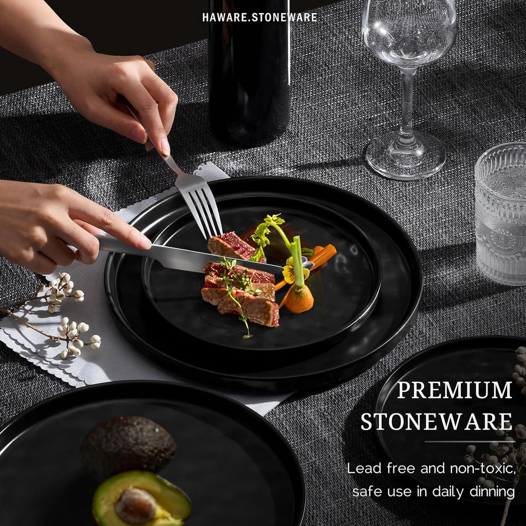 HaWare Dinnerware Sets, 24-Piece Plates and Bowls Set, Stoneware Dish Set for 8, Ceramic Dinnerware for Home Restaurant, Chip and Scratch Resistant, Microwave and Dishwasher Safe, Matte Black