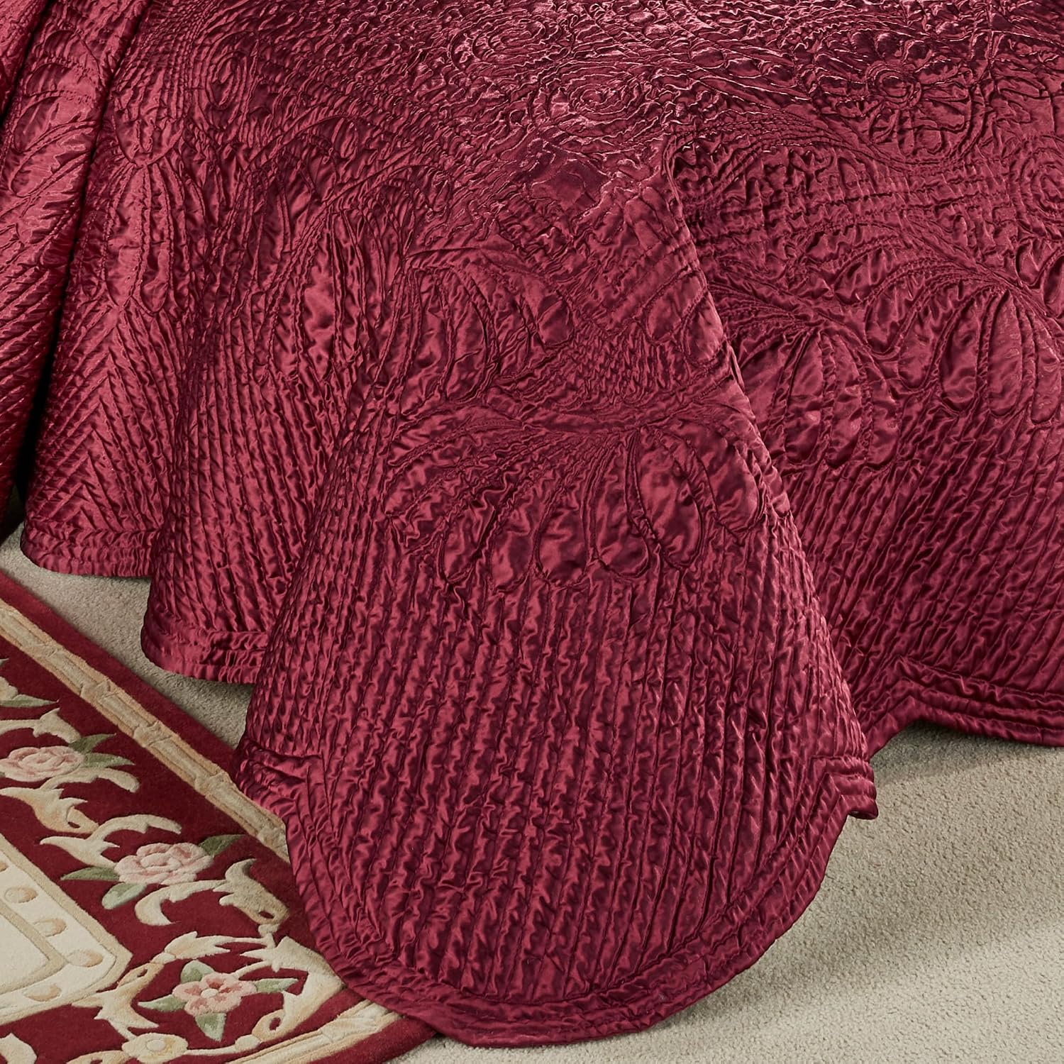 Touch of Class Portia Luxury Bedding | Rich Ruby Red | Premier Quilted Polyester Satin | Romantic Hand Guided Machine Quilted Scroll Design 3 Piece Set with Full Bedspread and 2 Standard Shams