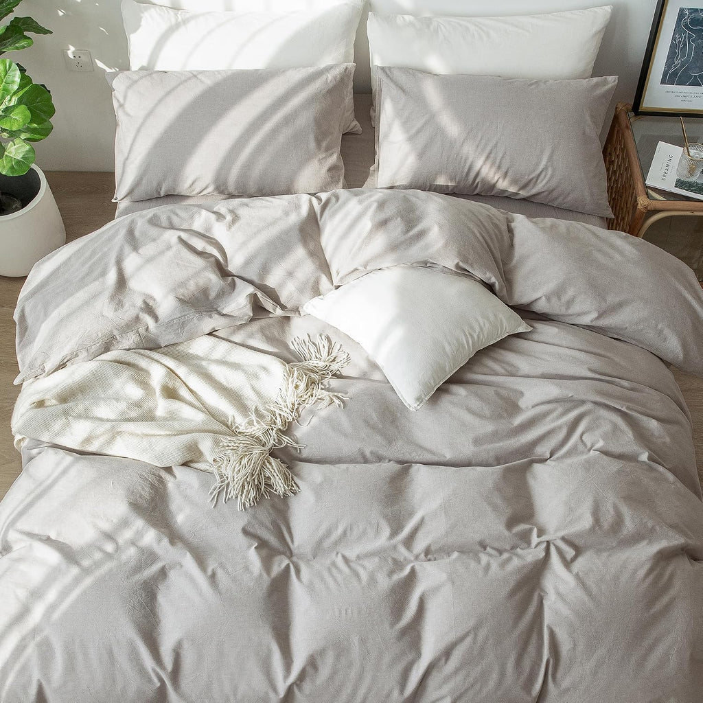 MooMee Bedding Duvet Cover Set 100% Washed Cotton Linen Like Textured Breathable Durable Soft Comfy (Heathered Brownish Grey, Super King Plus 120'x120')