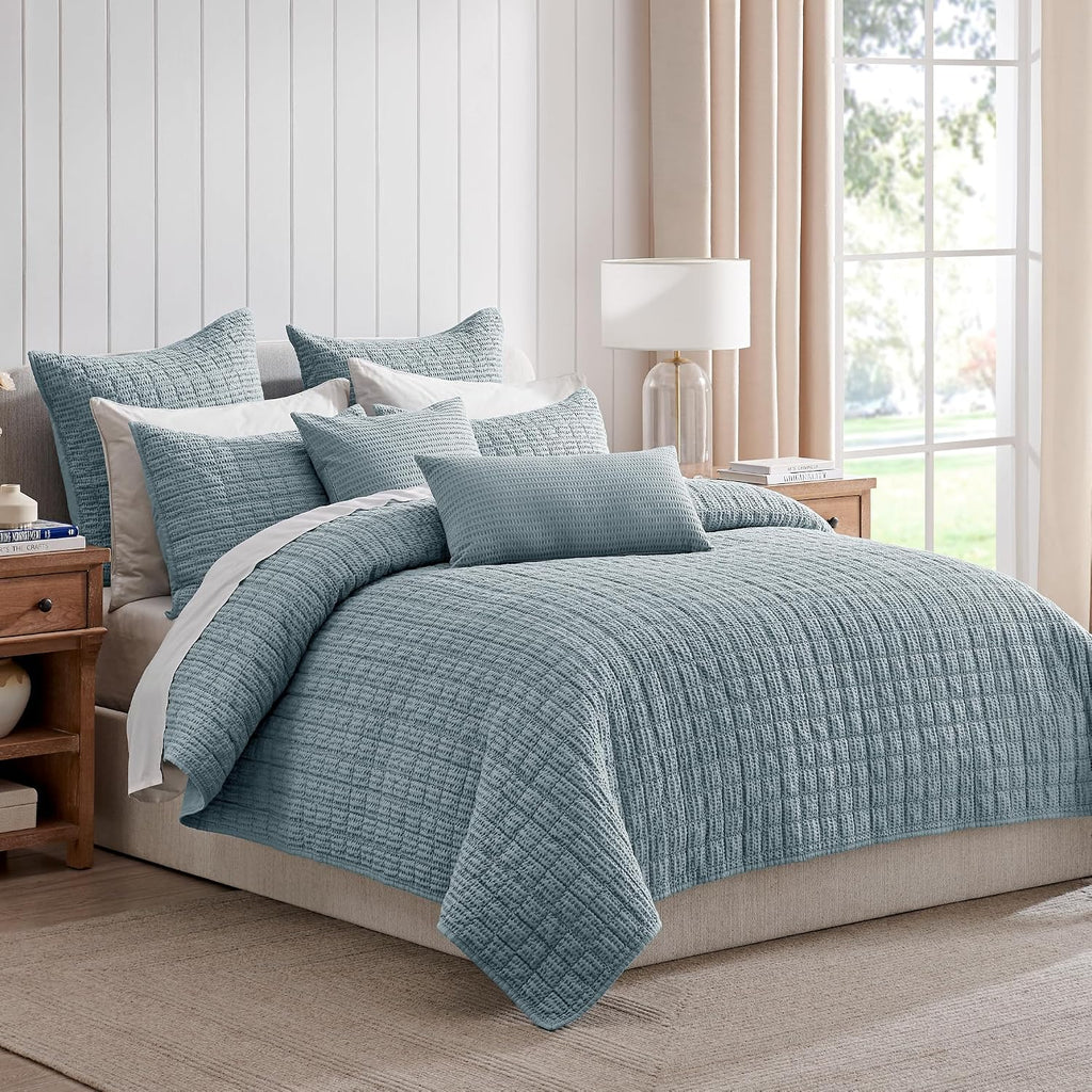 Levtex Home Cloud Waffle Full/Queen Quilt Set (88x92in) and 2 Pillow Shams (26x20in) - Box Quilted Waffle Texture - Chambray - Cotton Full/Queen Size Quilt Bedding Set - Lightweight Soft Pre-Washed | Textured