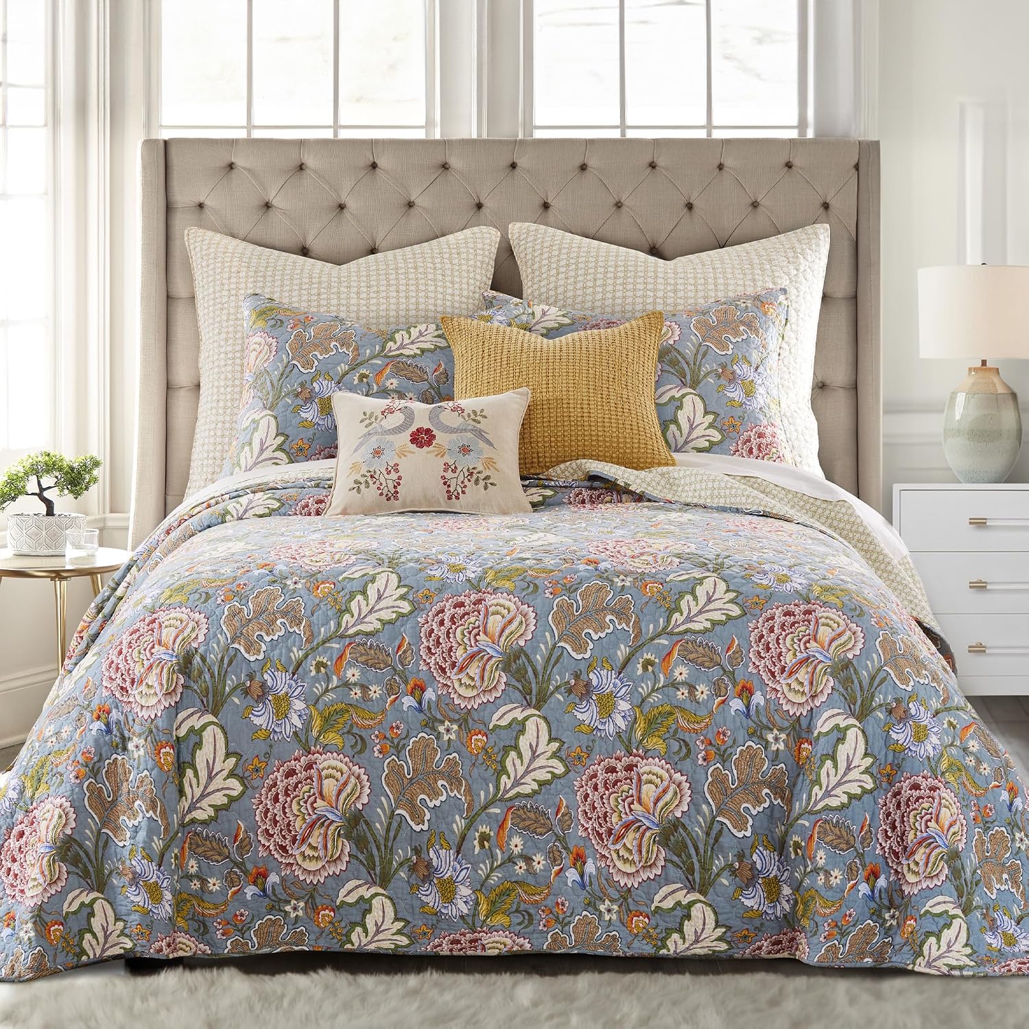 Levtex Home Angelica Reversible Twin Bedspread Set (80x106in) with 1 Pillow Sham (26x20in) - Floral Bedding - Blue Grey, Coral - Cotton Twin Size Bedspread Set - Lightweight, Soft, Pre-Washed