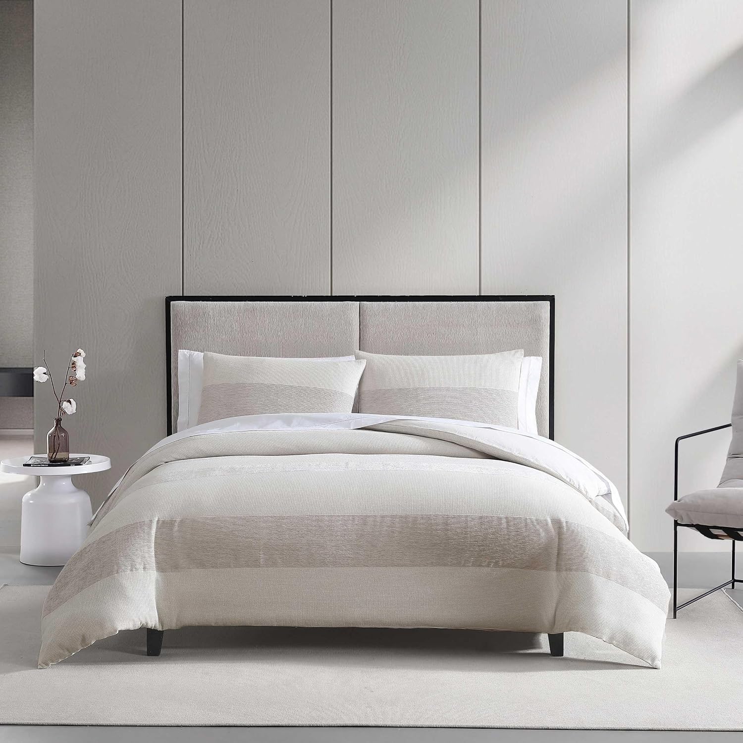 Vera Wang - King Size Comforter Set, Soft Bedding Set with Textured Chenille Waffle Feel, Medium Weight for Year-Round Comfort, 3 Piece Bed Set with Matching Pillowcases (Stripe Beige)
