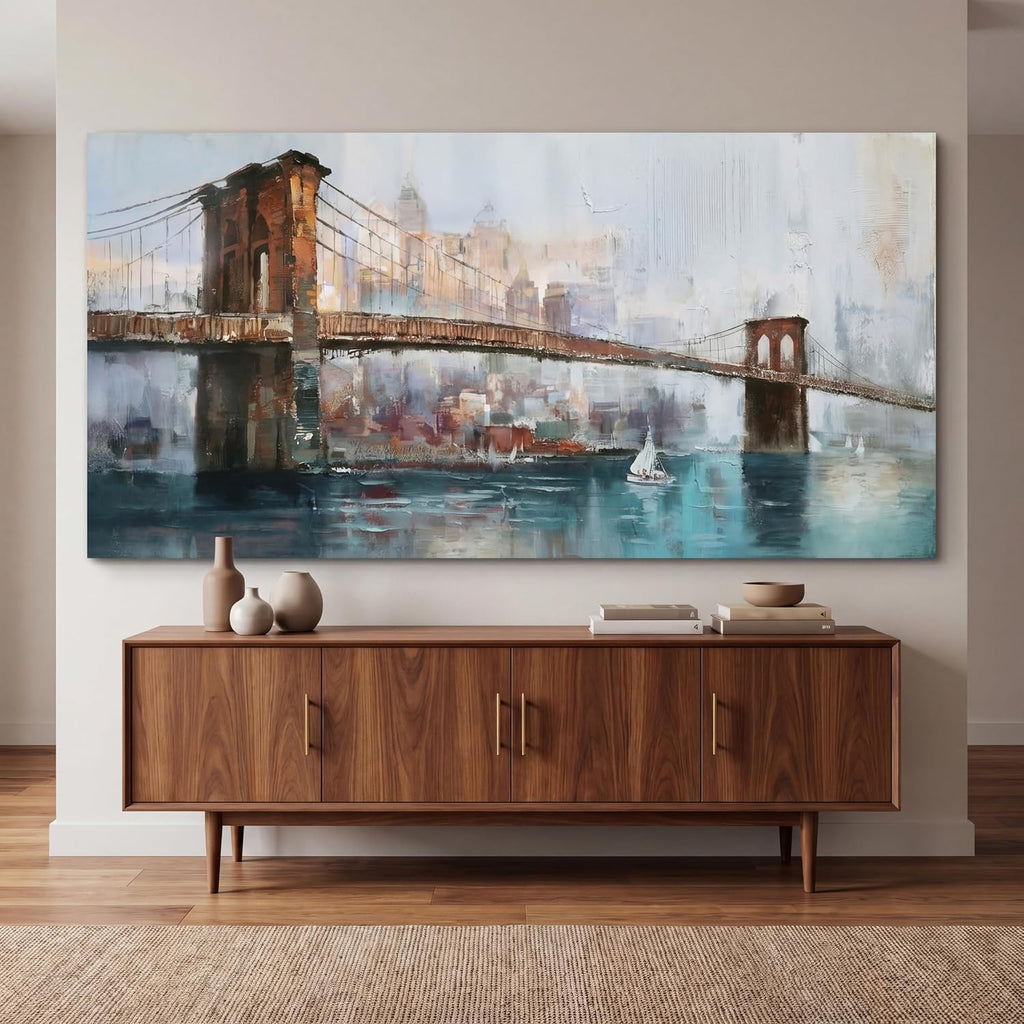 Acocifi New York Brooklyn Bridge Canvas Wall Art for Living Room 58'x29', Modern NYC Skyline Painting Abstract Cityscape Picture, Large Textured Artwork Framed for Bedroom Men Office Home Decor