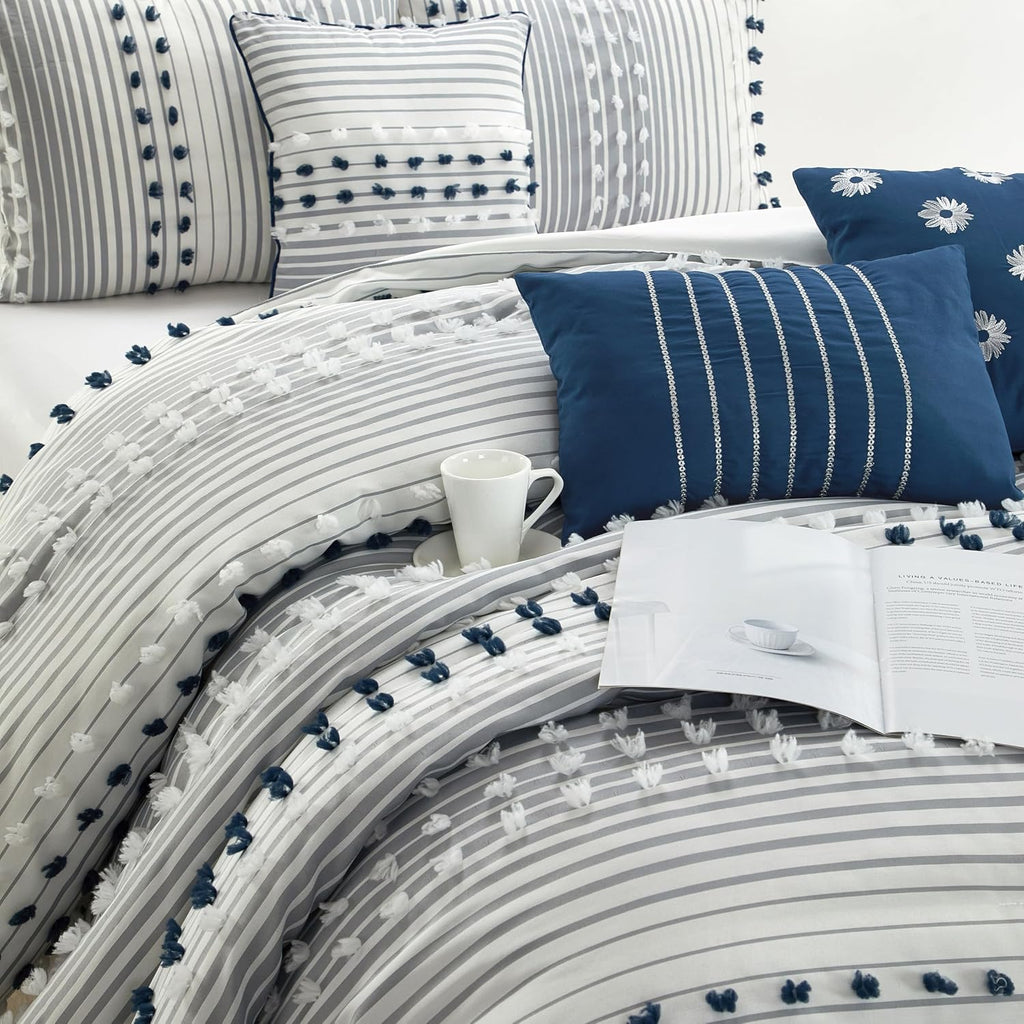 Stratford Park Blue Striped Dots Comforters Queen Size Set, 7 Piece, Jaquard & Clip Ultra Soft, Premium Microfiber, Bedskirt, Pillows & Shams, All Season Bedding Set