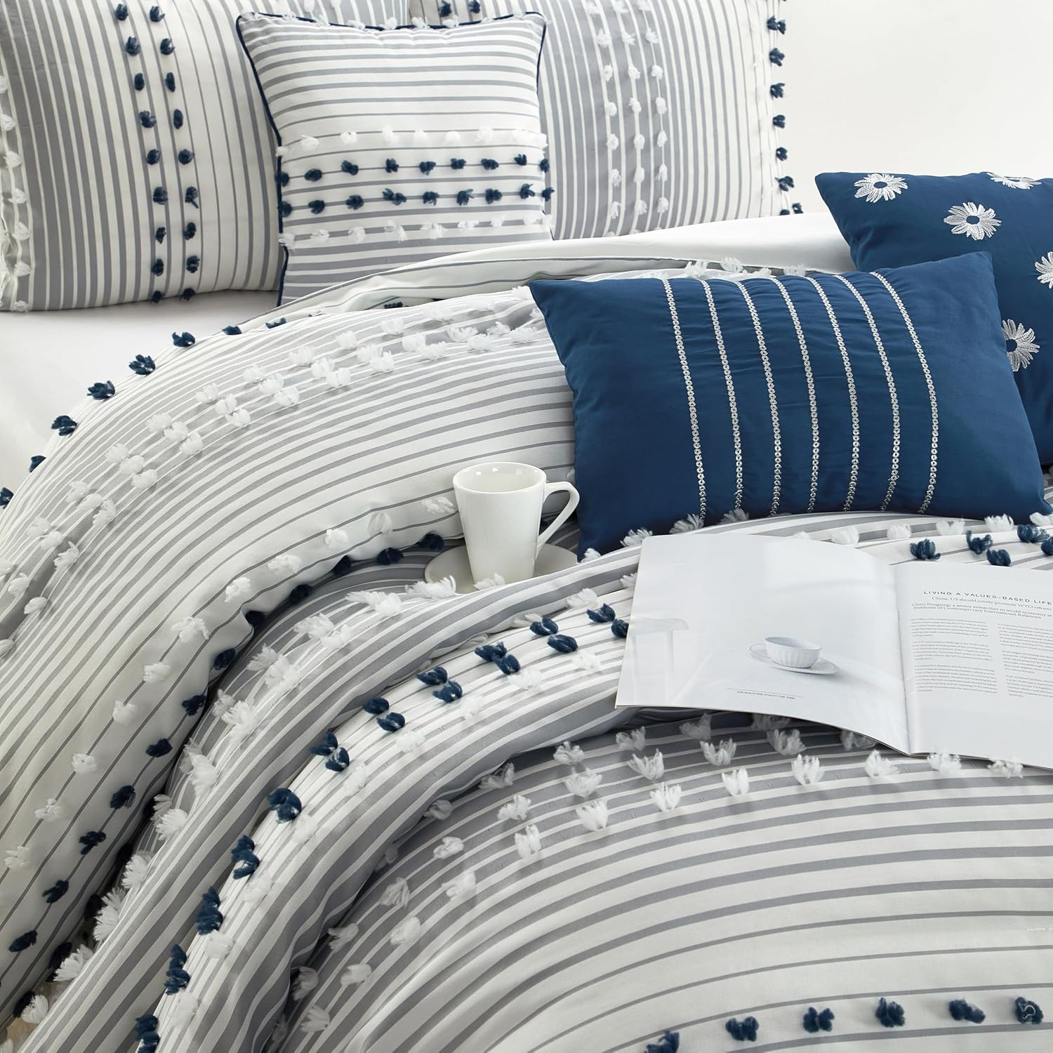 Stratford Park Blue Striped Dots Comforters Queen Size Set, 7 Piece, Jaquard & Clip Ultra Soft, Premium Microfiber, Bedskirt, Pillows & Shams, All Season Bedding Set