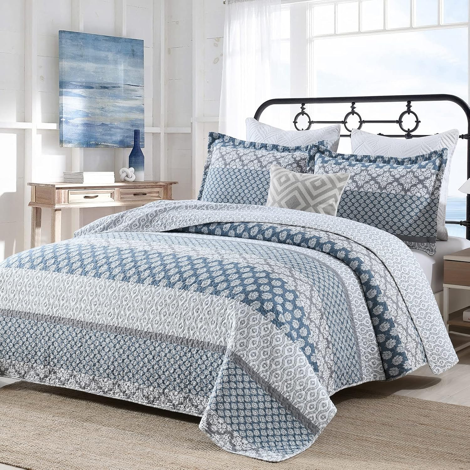 SahSahCasa Quilt King Size, King Quilt Set, 100% Cotton Floral Quilt, King Quilt Bedding Set Bedspreads, Patchwork Reversible Lightweight Comforter Bed Spread for All Season, Blue/Gray, 3 Pieces