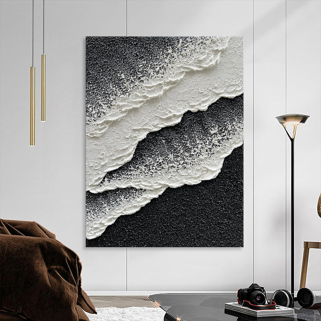 NANKAI Hand Painted Beach Wave Landscape Oil Painting Black and White Abstract Canvas Art Home Office Wall Deco Art Painting 28x40 inches