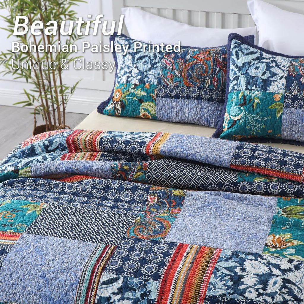 Yvooxny King Quilt Set Reversible Lightweight Bohemian Paisley Patchwork Cotton Quilted Bedspread Coverlet Set 3-Piece Bedding Set with Pillowcases for All Seasons, King Size, 108 * 96 Inches