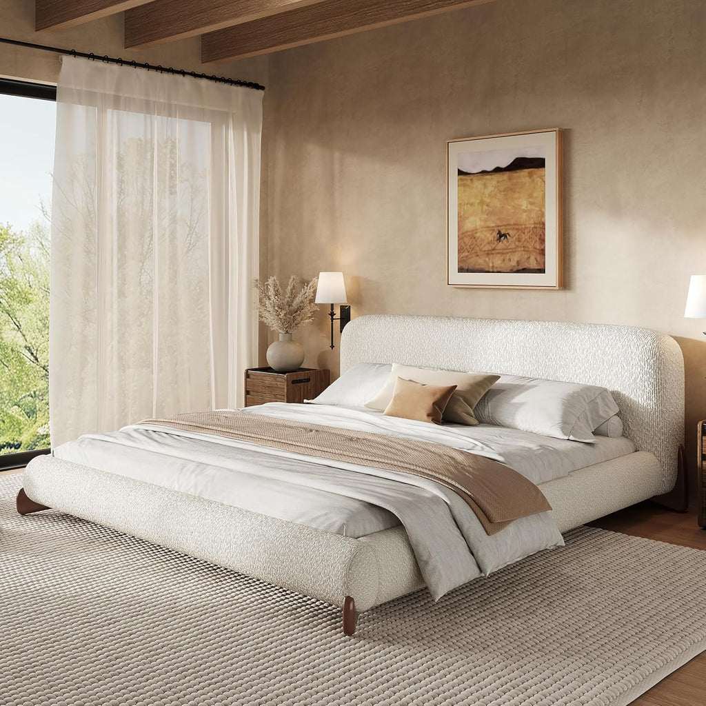 Christopher Knight Home Salden California King Size Bed Frame with Headboard, Boucle Upholstered California King Bed Frame and Headboard, Wooden Slat Support, No Box Spring Needed, White