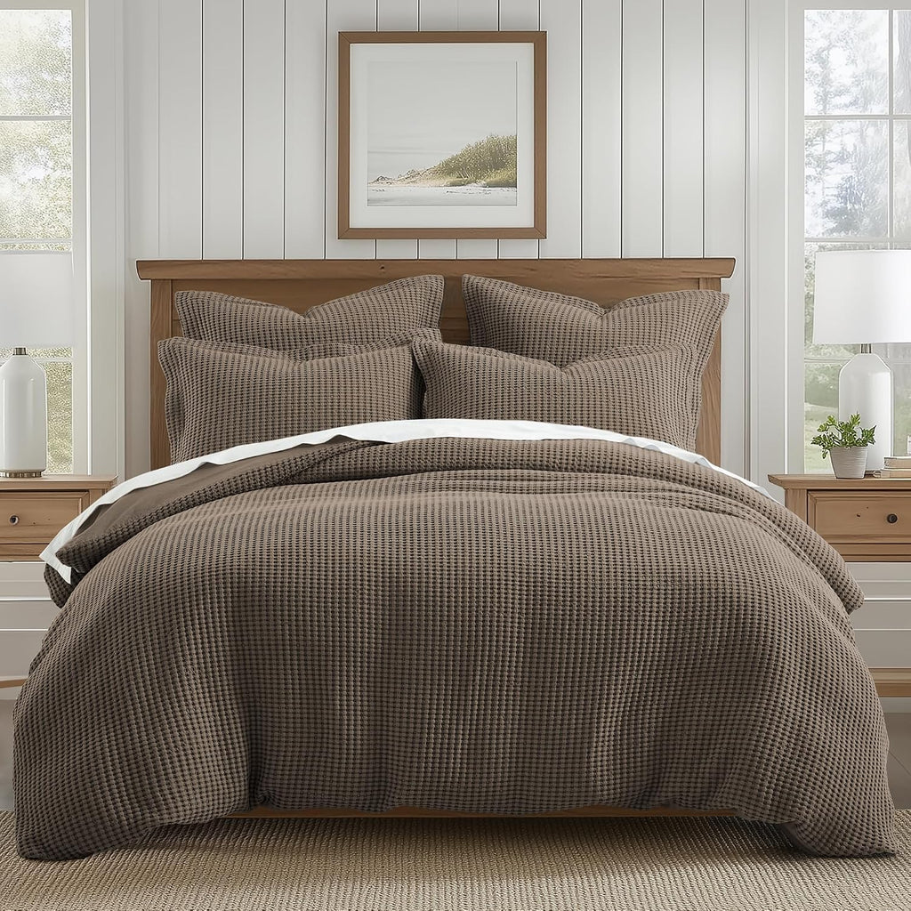 Levtex Home Mills Waffle King Duvet Cover Set (106x94in) with 2 Pillow Shams (36x20in) - Latte - Cotton King Size Duvet Cover Set - Soft, Pre-Washed