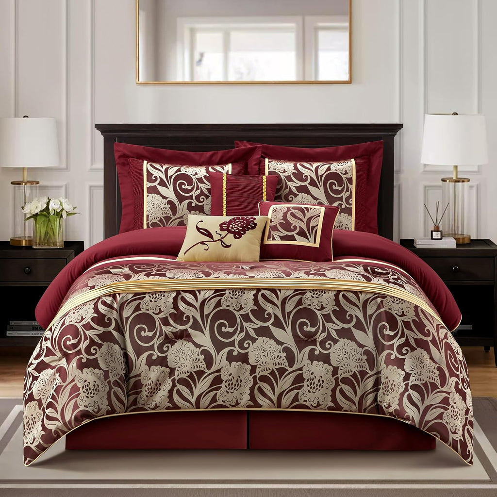 Grand Avenue Black and Red Comforter Set California King Size, 7 Piece Jacquard Floral Bedding Set, All Season, Ultra-Soft, Matching Pillows & Shams, Bed Skirt
