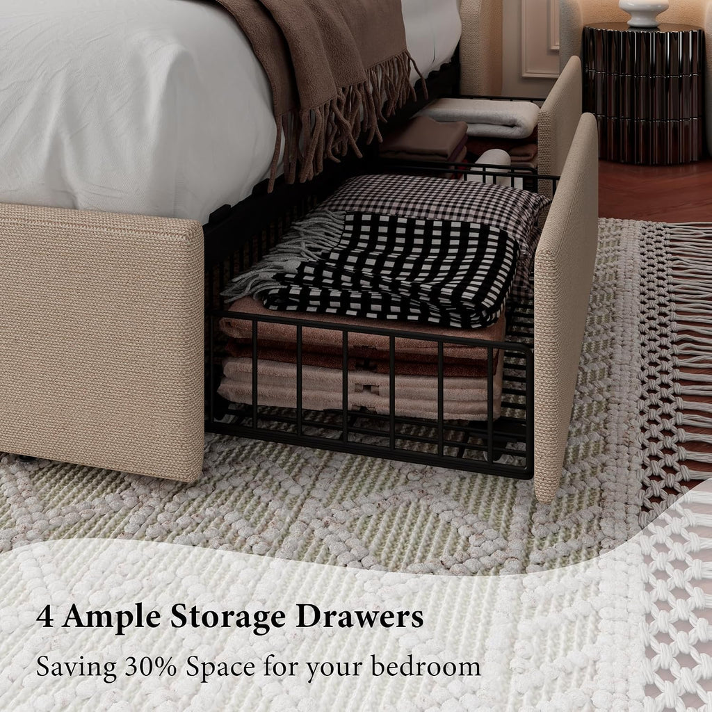 iPormis King Bed Frame with 4 Storage Drawers, Upholstered Platform Bed Frame with Type-C & USB Ports, Wingback Storage Headboard, Solid Wood Slats, No Box Spring Needed, Beige