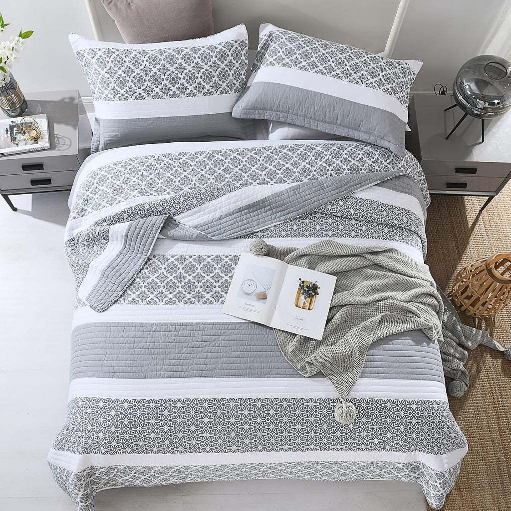 King Size Quilt Set - King Quilted Bedspread Sets, 100% Cotton Quilt, King Bed Spread Bedding Set, 3 Pieces Floral Striped Reversible Lightweight Comforter, Bluish Grey