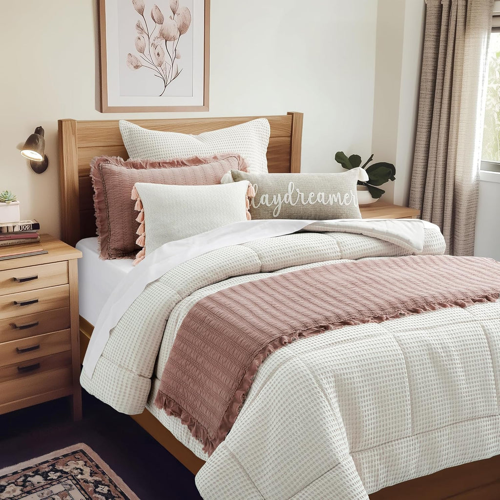 Levtex Home Mills Waffle Full/Queen Comforter Set (90x94in) with 2 Pillow Shams (26x20in) - Cream - 100% Cotton Full/Queen Size Comforter Set - Soft, Pre-Washed