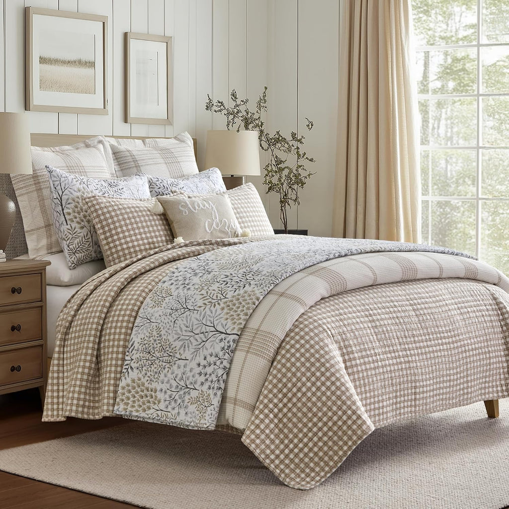 Levtex Home English Forest Natural Reversible King/Cal King Quilt Set (106x92in) and 2 Pillow Shams (36x20in) - Floral - Taupe Grey - Cotton King Size Quilt Bedding Set - Lightweight Soft Pre-Washed