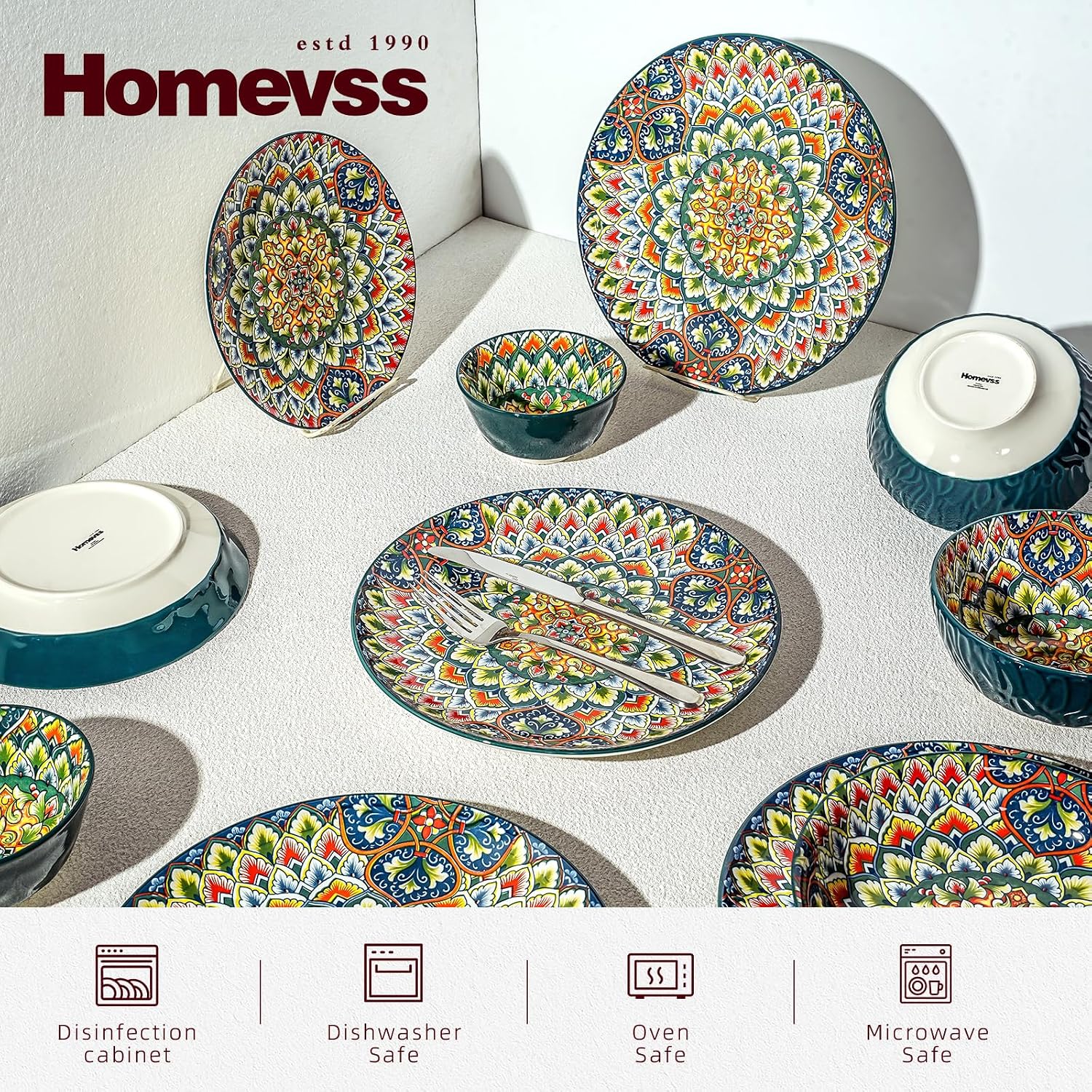 Homevss 20 Pieces Dinnerware Sets, Plates and Bowls Set, Porcelain Dishes Set for 4, Microwave and Dishwasher Safe, Scratch Resistant, Bohemian Style Dining Ware