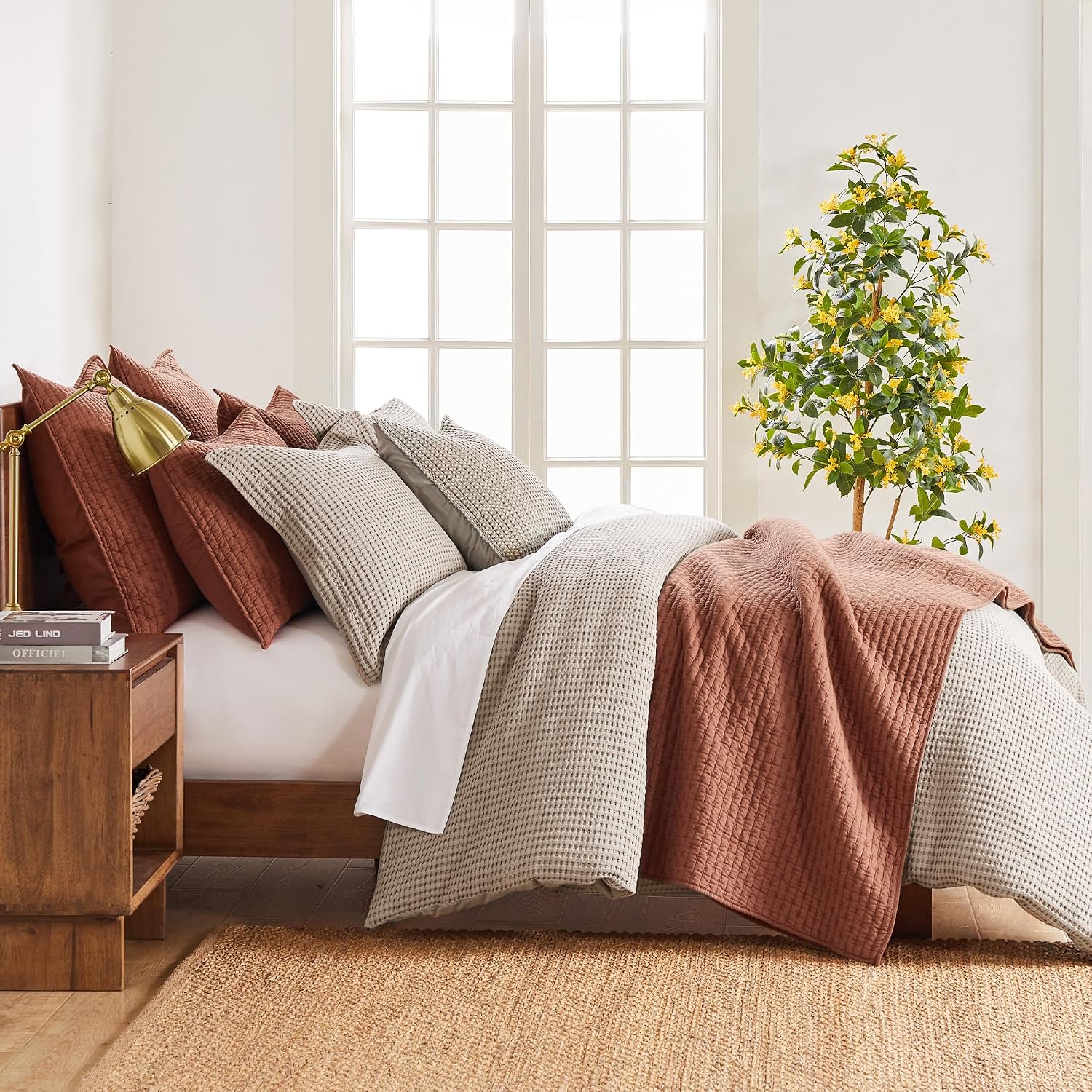 Levtex Home Cross Stitch Reversible Full/Queen Quilt Set (88x92in) with 2 Pillow Shams (26x20in) - Stitch Texture - Adobe - Cotton Full/Queen Size Quilt Bedding Set - Lightweight, Soft, Pre-Washed