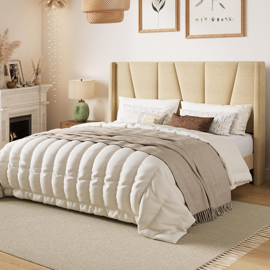 SHA CERLIN Full Size Bed Frame with Geometric Wingback Headboard, Upholstered Platform Bed with Wooden Slats Support, 8' Under-Bed Space, No Box Spring Needed, Easy Assembly, Beige