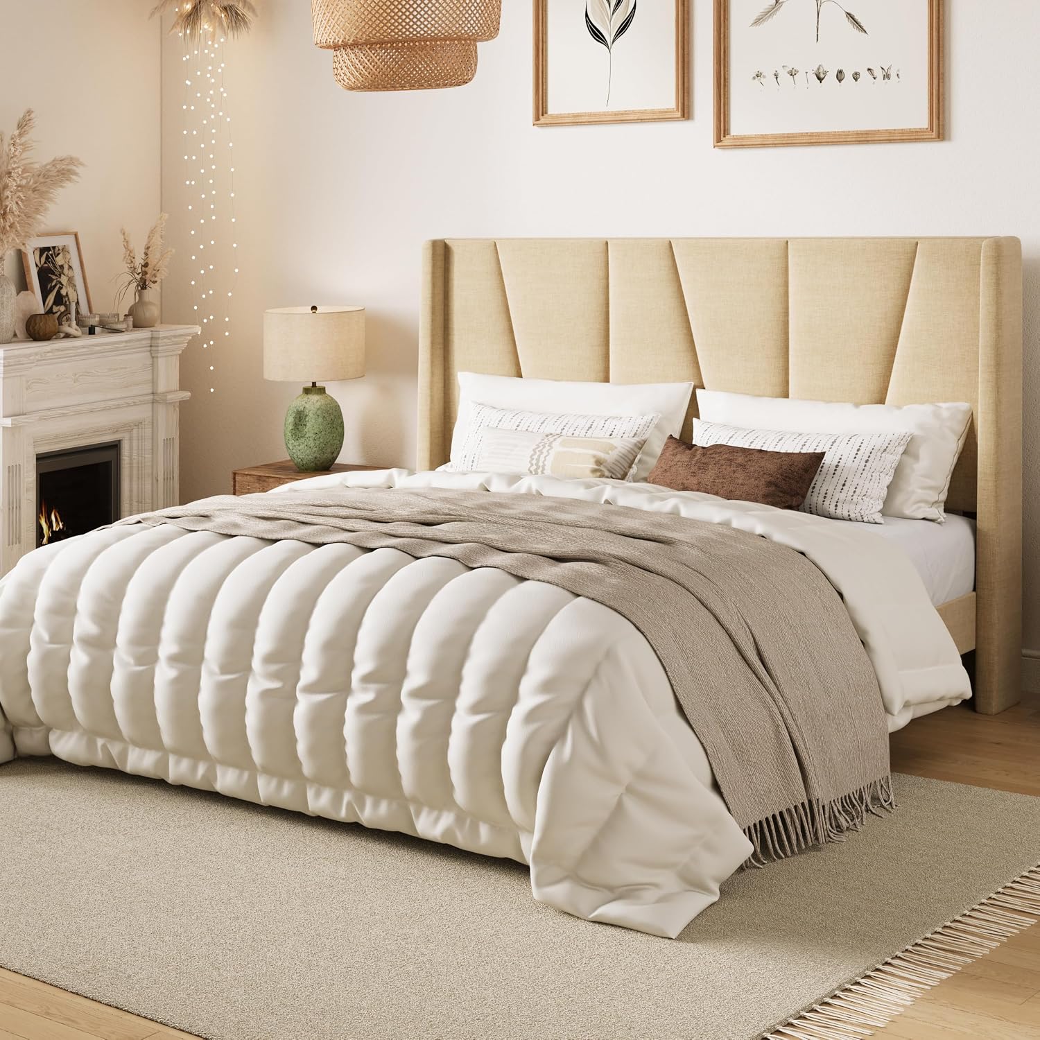 SHA CERLIN Queen Size Bed Frame with Geometric Wingback Headboard, Upholstered Platform Bed with Wooden Slats Support, 8' Under-Bed Space, No Box Spring Needed, Easy Assembly, Beige