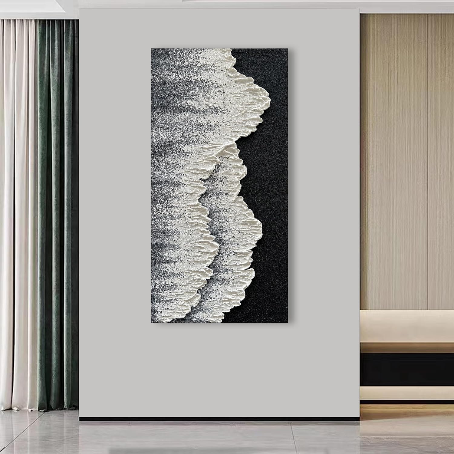 NANKAI Art Hand-Painted 3D Ocean Wave Oil Painting Natural Landscape Black and White Abstract Canvas Art Mural Family Wall Art Deco 48x24 inches