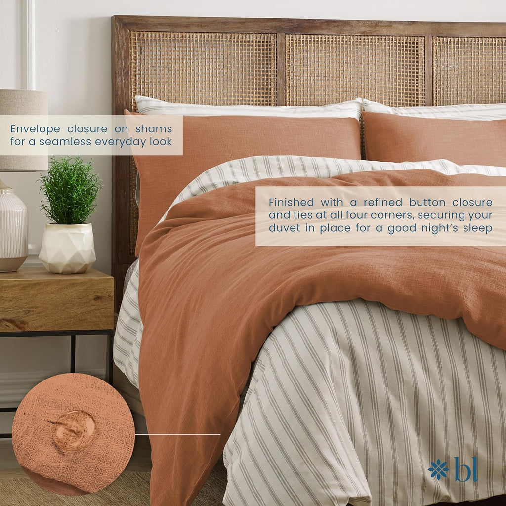 Blue Loom Duvet 100% Cotton Set, 3 Piece, Stone Washed Duvet Set Full/Queen Size 92' x 90' with 2 Matching Pillow Shams, Comforter Not Included, Vivie - Clay Red