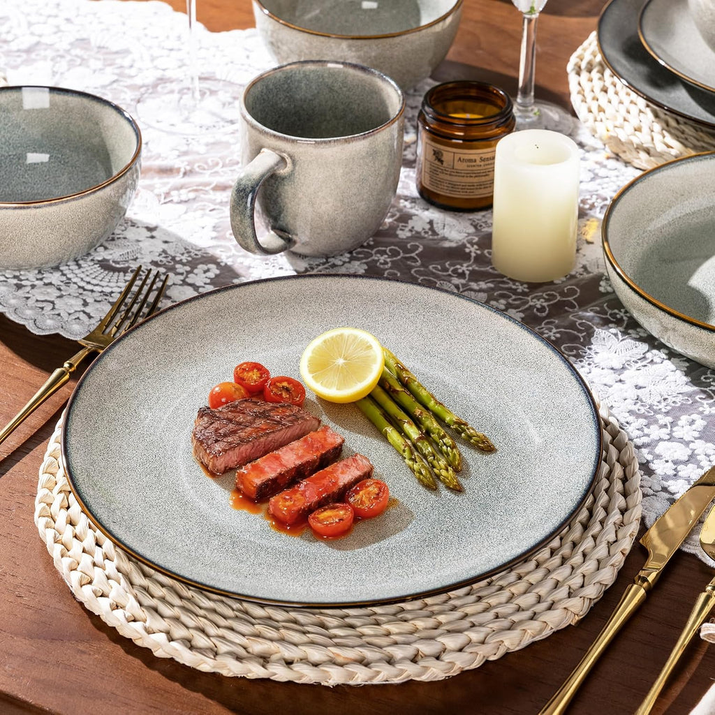 GBHOME Dinnerware Sets for 6, 24 Pieces Stoneware Plates and Bowls Set with Reactive Glaze, Scratch Resistant Stoneware Dishes Set, Dishwasher & Microwave Safe